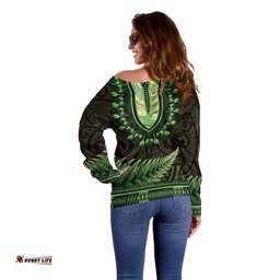 Lime Green African Dashiki With Aotearoa Maori Off Shoulder Sweater Paua Shell Mix Silver Fern