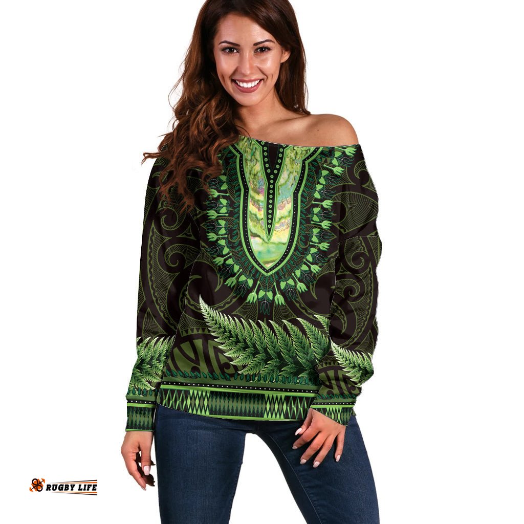 Lime Green African Dashiki With Aotearoa Maori Off Shoulder Sweater Paua Shell Mix Silver Fern