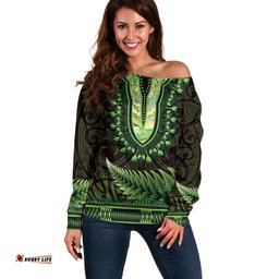 Lime Green African Dashiki With Aotearoa Maori Off Shoulder Sweater Paua Shell Mix Silver Fern