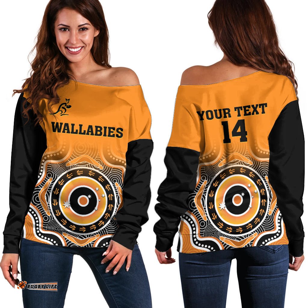 Custom Text And Number Wallabies Rugby Off Shoulder Sweater Aussie Go Champions Indigenous Orange