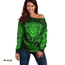 New Zealand Rugby Off Shoulder Sweater Silver Fern All Black Mix Ta Moko Green Style 06