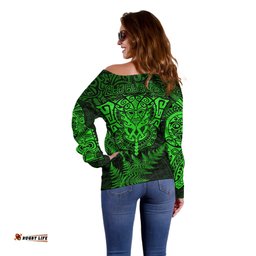 New Zealand Rugby Off Shoulder Sweater Silver Fern All Black Mix Ta Moko Green Style 06