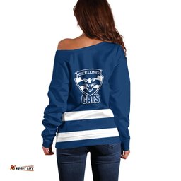 Geelong Football Off Shoulder Sweater Go Cats Navy Blue Sporty Style
