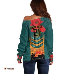 Custom Wallaroos Rugby ANZAC Off Shoulder Sweater Poppy Soldier With Aboriginal Dots Art