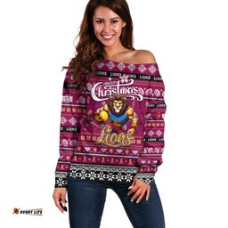 Personalized Lions Football Xmas Off Shoulder Sweater Australia AFL Mascot