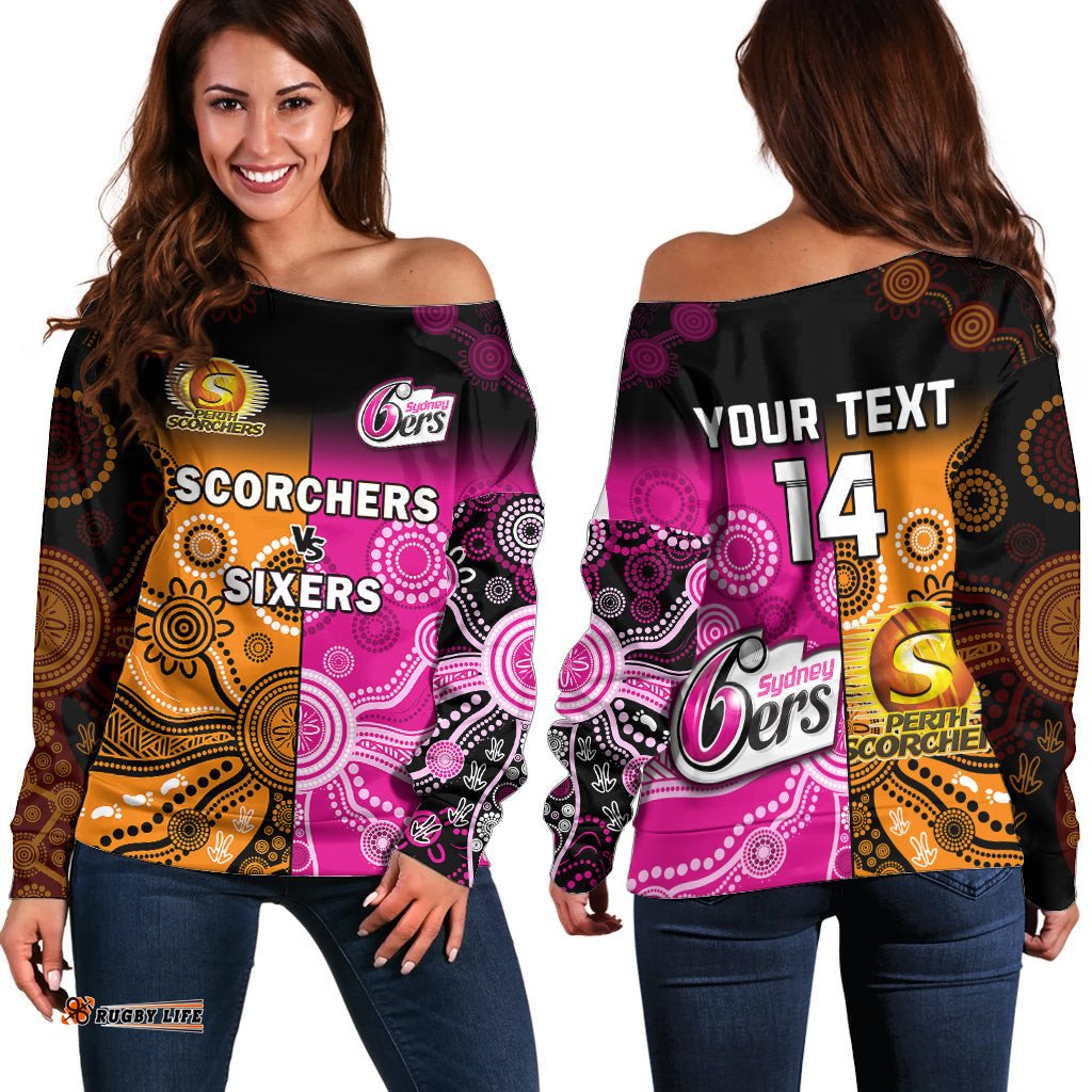 Custom Text And Number Perth Scorchers and Sydney Sixers Cricket Off Shoulder Sweater Aboriginal Art 04