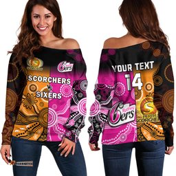 Custom Text And Number Perth Scorchers and Sydney Sixers Cricket Off Shoulder Sweater Aboriginal Art 04