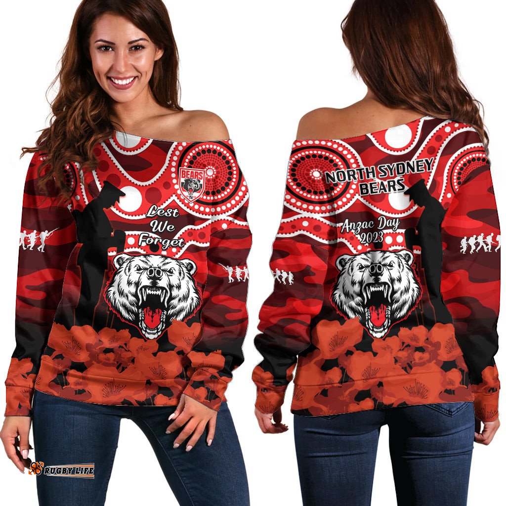North Sydney Rugby ANZAC Off Shoulder Sweater Bears Indigenous Mix Camouflage Poppy