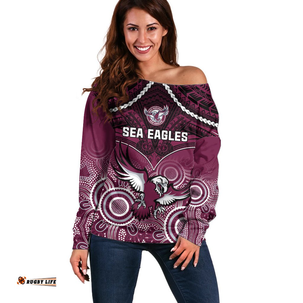 Personalised Sea Eagles Rugby Off Shoulder Sweater Aboriginal Mix Polynesian Pattern