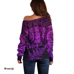New Zealand Rugby Off Shoulder Sweater Silver Fern All Black Mix Ta Moko Purple Style