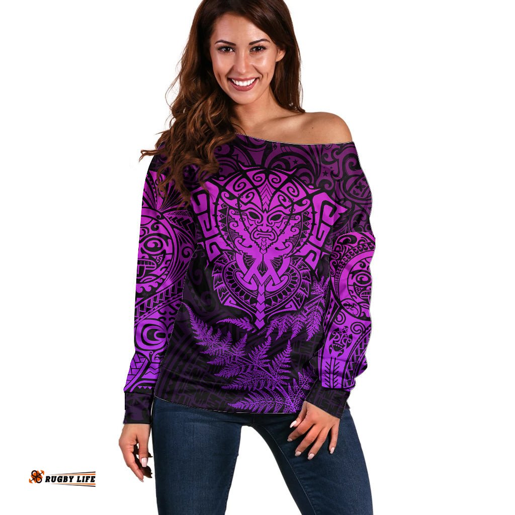 New Zealand Rugby Off Shoulder Sweater Silver Fern All Black Mix Ta Moko Purple Style