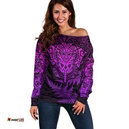 New Zealand Rugby Off Shoulder Sweater Silver Fern All Black Mix Ta Moko Purple Style