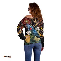 Australia Palm Cockatoo Off Shoulder Sweater Aussie Banksia Aboriginal Pattern