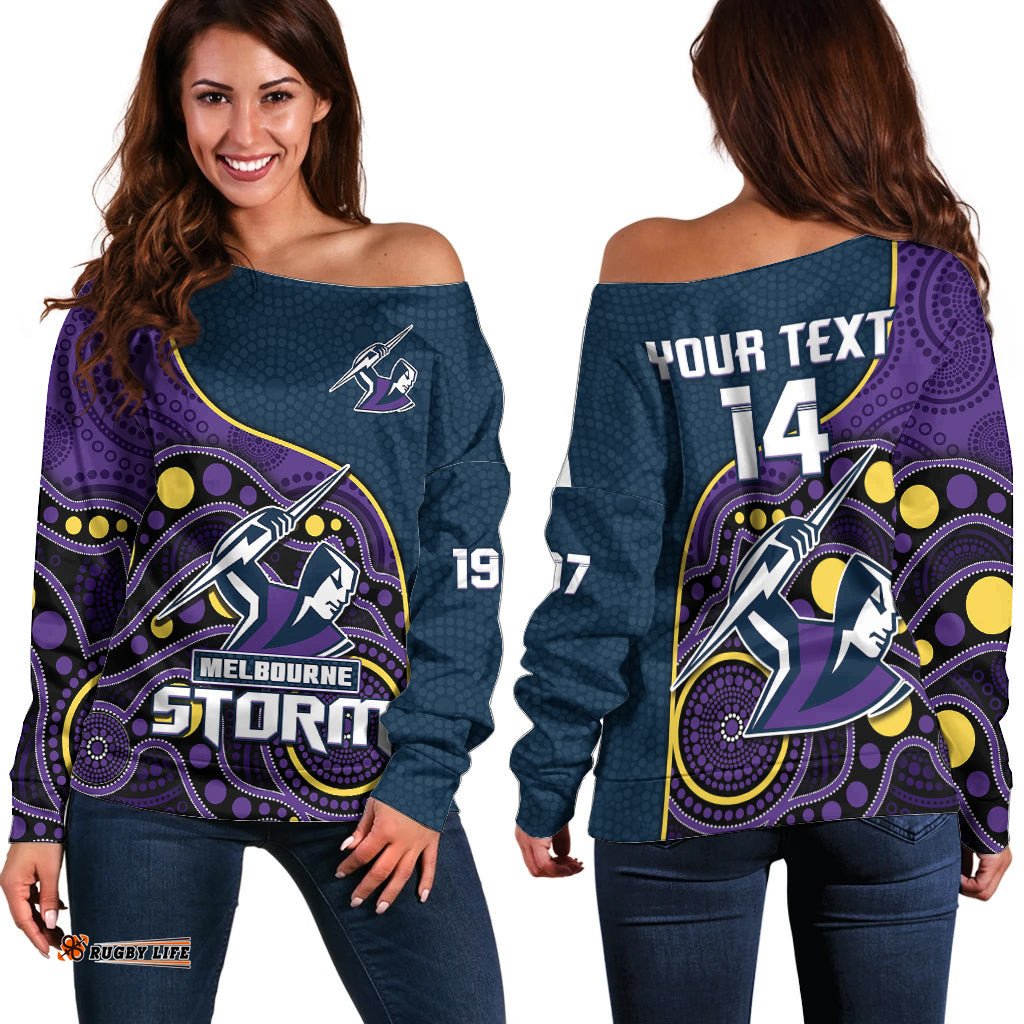 Custom Text And Number Storm Rugby Off Shoulder Sweater Est 1997 Indigenous Art 07