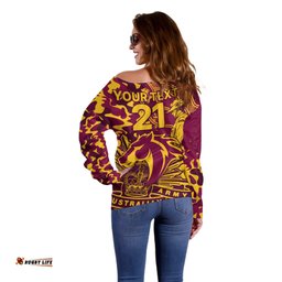 Custom Text And Number NRL ANZAC Broncos Off Shoulder Sweater Camouflage 02