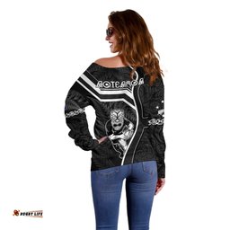 New Zealand Aotearoa Rugby Off Shoulder Sweater Black Fern Maori Tribal Sporty Style