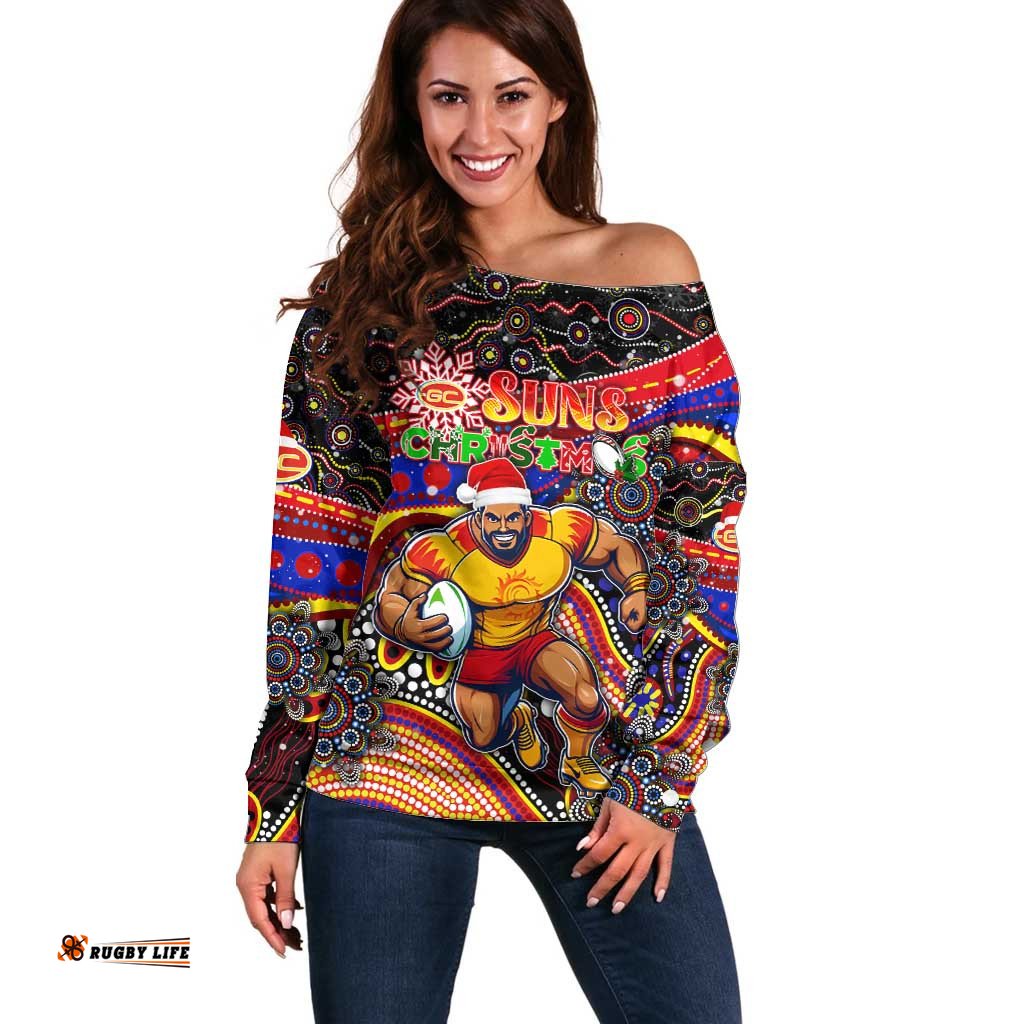 Merry Christmas AFL Gold Coast Suns Off Shoulder Sweater Aboriginal Santa Football Mascot