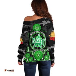 Melbourne Stars ANZAC 2024 Off Shoulder Sweater Lest We Forget Poppy Mix Camouflage
