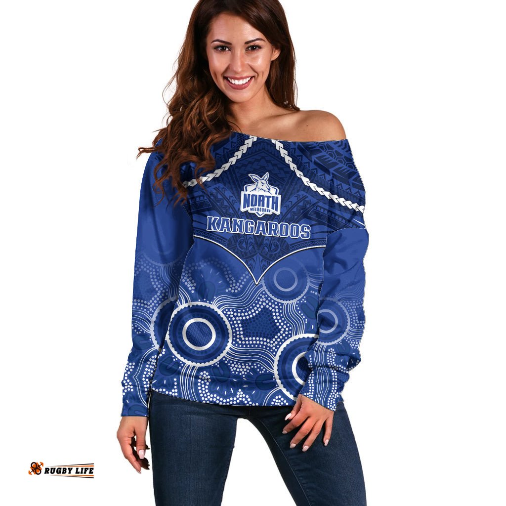 North Melbourne Football Off Shoulder Sweater Kangaroos Aboriginal Mix Polynesian Pattern
