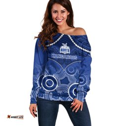 North Melbourne Football Off Shoulder Sweater Kangaroos Aboriginal Mix Polynesian Pattern