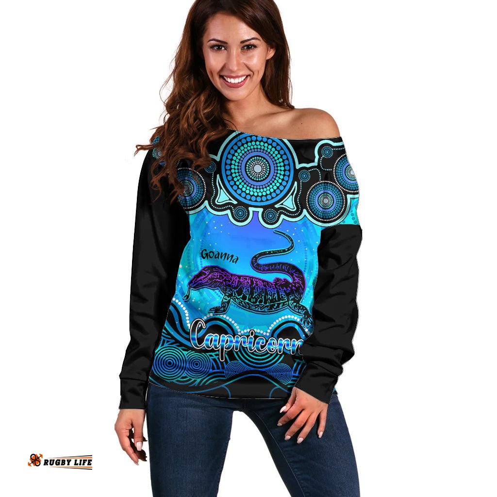 Personalised Australia Capricorn Goanna Zodiac Off Shoulder Sweater Auz Astrology Aboriginal Aqua