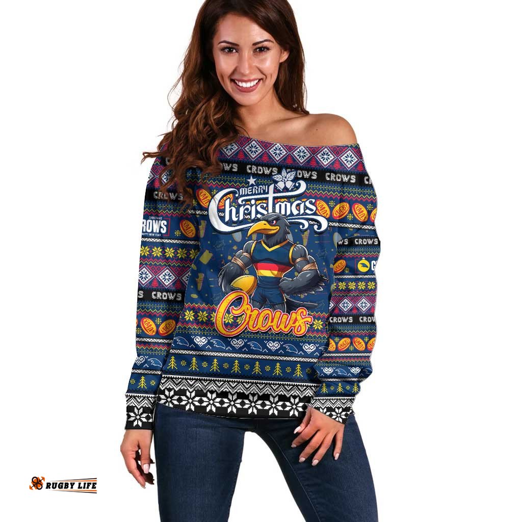 Personalized Crows Football Xmas Off Shoulder Sweater Australia AFL Mascot