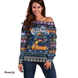 Personalized Crows Football Xmas Off Shoulder Sweater Australia AFL Mascot