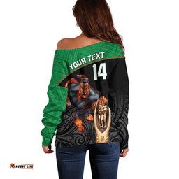 Custom Warriors Rugby Off Shoulder Sweater Go Champions Aotearoa Mascot With Polynesian Maori Pattern