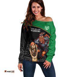 Custom Warriors Rugby Off Shoulder Sweater Go Champions Aotearoa Mascot With Polynesian Maori Pattern