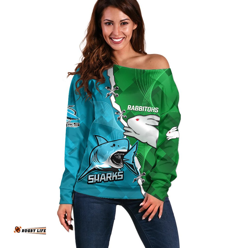 Personalised Sharks and Rabbitohs Rugby Off Shoulder Sweater Sporty Version