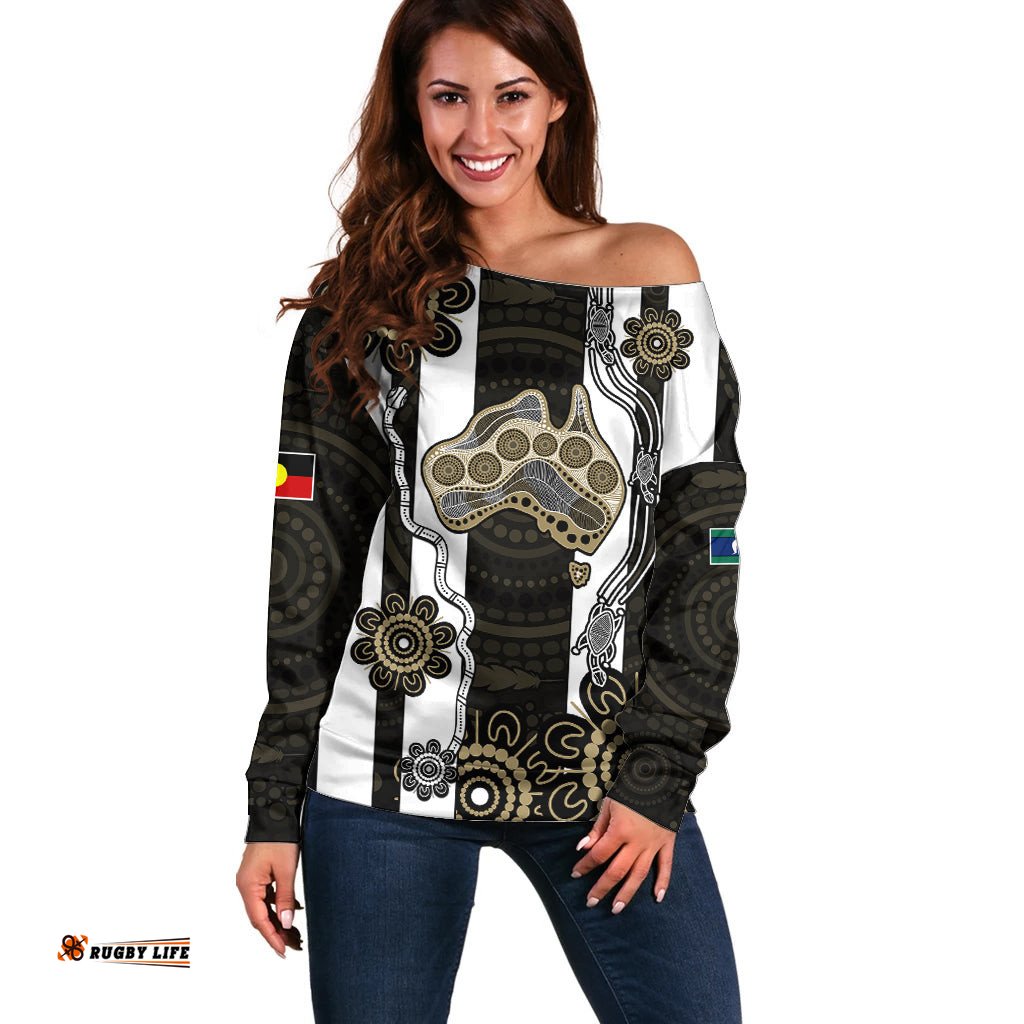 NAIDOC Collingwood Football Off Shoulder Sweater Proud To Be Magpies Aboriginal Version