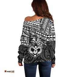 Matariki New Zealand Off Shoulder Sweater Maori New Year Tiki Black Version
