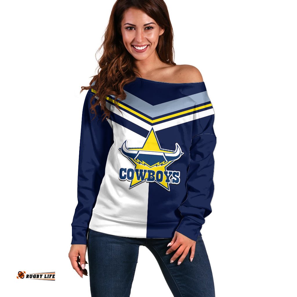 Custom Text And Number NRL Cowboys Off Shoulder Sweater Mix Jersey