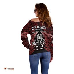 New Zealand Aotearoa Rugby Off Shoulder Sweater NZ Tiki With Maori Fern World Cup Red Version
