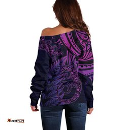 New Zealand Lizard Off Shoulder Sweater Silver Fern Aotearoa Maori Purple Version