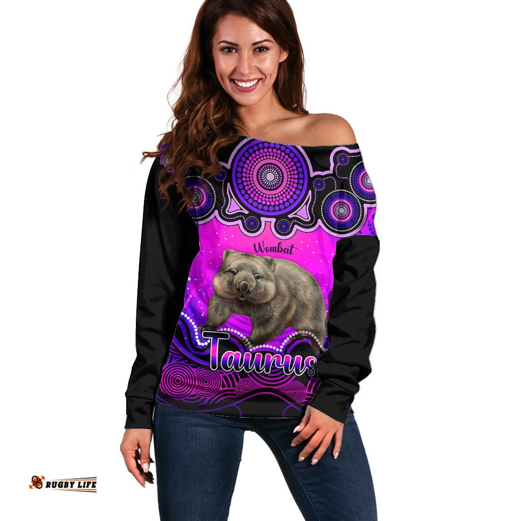 Personalised Australia Taurus Wombat Zodiac Off Shoulder Sweater Auz Astrology Aboriginal Magenta