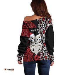 Personalised New Zealand Christmas Off Shoulder Sweater Meri Kirihimete Maori Wheku Taniko Art