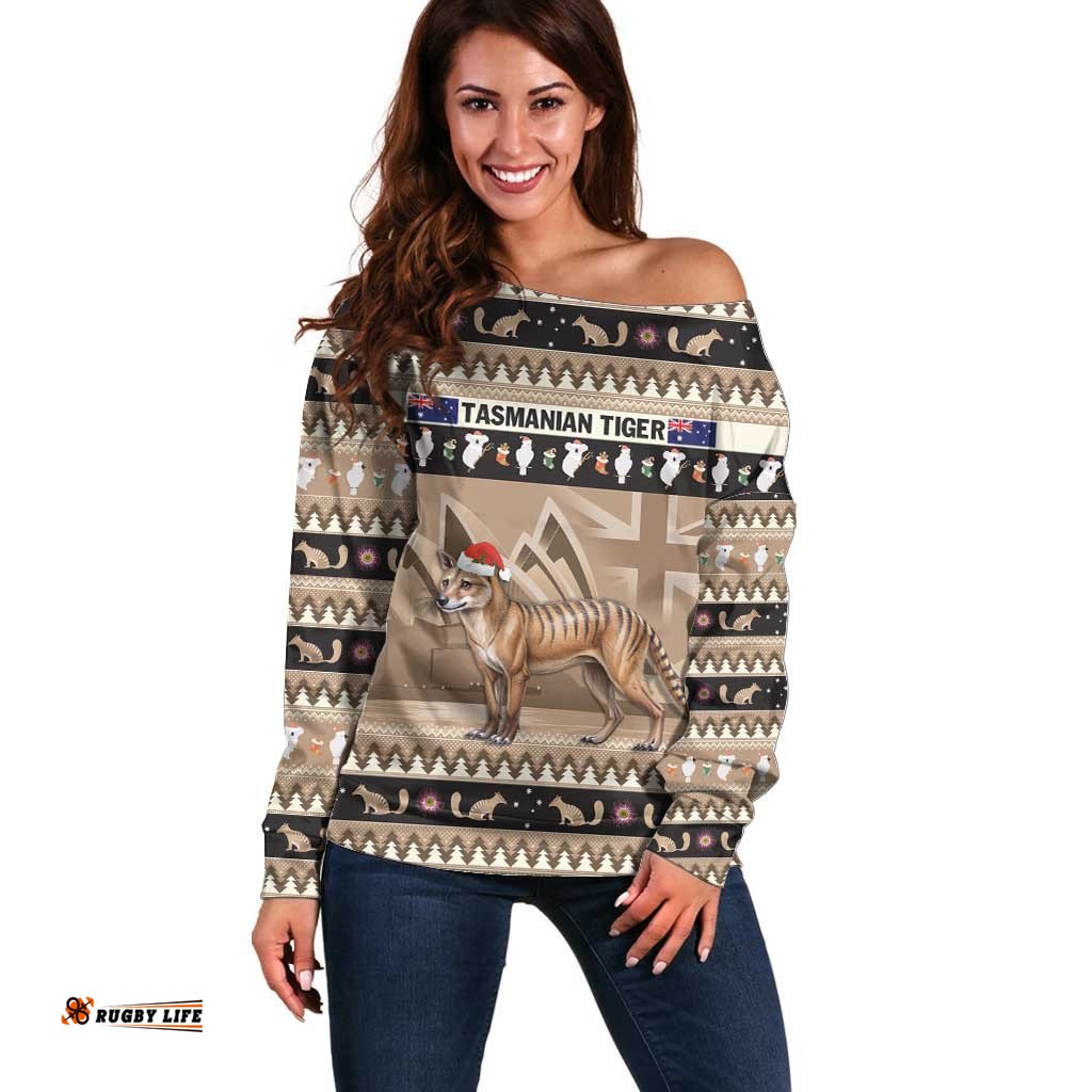 Aussie Tasmanian Tiger Off Shoulder Sweater Merry Christmas