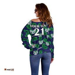 Custom Text And Number New Zealand Warriors Rugby Off Shoulder Sweater Polynesian Style With Hibiscus