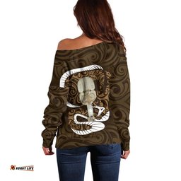 Gold New Zealand Eel Off Shoulder Sweater Aotearoa Maori Tuna With Kotiate Weapon