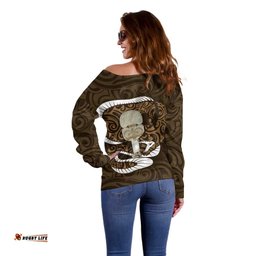Gold New Zealand Eel Off Shoulder Sweater Aotearoa Maori Tuna With Kotiate Weapon