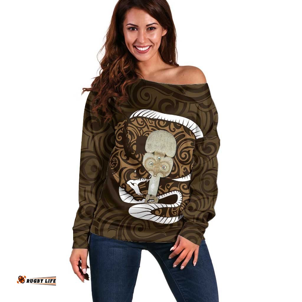 Gold New Zealand Eel Off Shoulder Sweater Aotearoa Maori Tuna With Kotiate Weapon