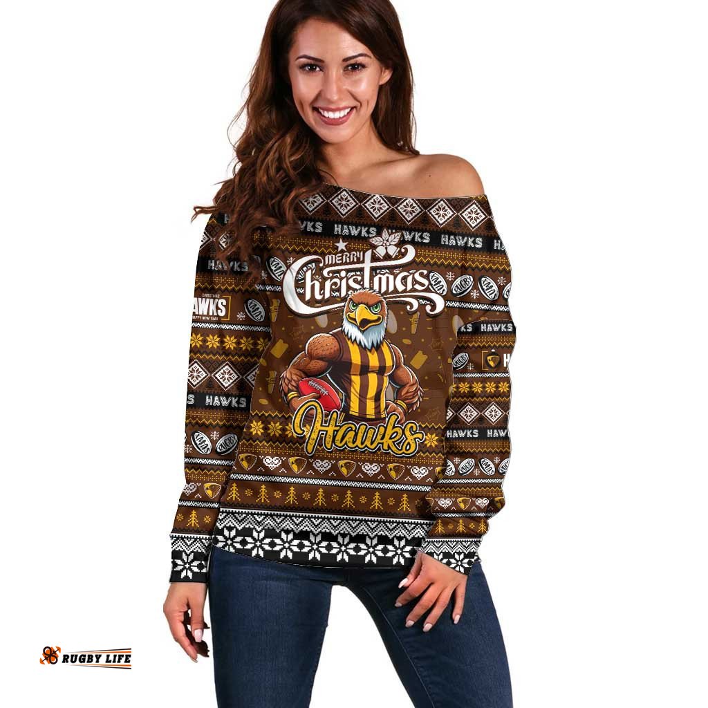 Personalized Hawks Football Xmas Off Shoulder Sweater Australia AFL Mascot