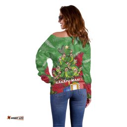 Kakapo New Zealand Christmas Off Shoulder Sweater Meri Kirihimete Pohutukawa Green Color