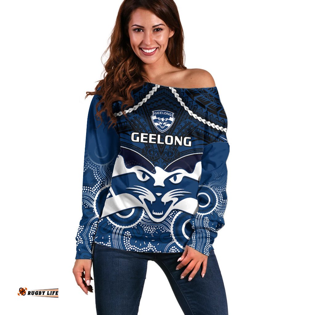 Geelong Football Off Shoulder Sweater Go Cats Aboriginal Mix Polynesian Pattern
