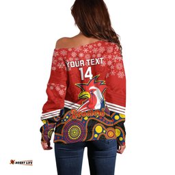 Custom Roosters Rugby Christmas Off Shoulder Sweater Merry Xmas Mix Aboriginal Art