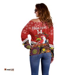Custom Roosters Rugby Christmas Off Shoulder Sweater Merry Xmas Mix Aboriginal Art