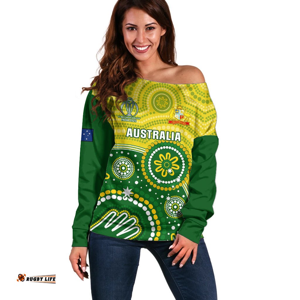 Personalised Australia Cricket Off Shoulder Sweater Aboriginal Go Champions World Cup