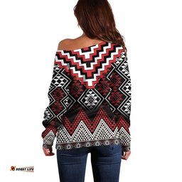 Red Taniko Aotearoa Off Shoulder Sweater Niho Taniwha Mix Poutama