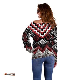 Red Taniko Aotearoa Off Shoulder Sweater Niho Taniwha Mix Poutama